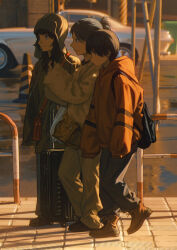  3girls absurdres ankle_boots arms_at_sides backpack bag black_bag black_hair black_shoes blue_pants blurry blurry_background boots brown_bag brown_boots car closed_mouth commentary drawstring dusk from_side full_body fur_sweater grey_eyes grey_hat grey_jacket grey_pants hand_up handbag hat high_ponytail highres hood hood_down hooded_sweater jacket light_smile long_hair long_sleeves looking_ahead motor_vehicle multiple_girls orange_sweater original outdoors pants pants_tucked_in ponytail profile puddle puffy_long_sleeves puffy_sleeves railing road rolling_suitcase shadow shoes short_hair shoulder_bag sidelighting sidewalk sleeves_past_fingers sleeves_past_wrists standing standing_on_one_leg street suitcase sunlight sweater traffic_cone ushanka wang-xi white_pants white_sweater wide_sleeves 
