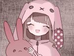  animal_ears animal_hood blush brown_hair button_eyes cosplay curly_hair fang hood hoodie igarashi_suiri kigurumi oyumeno pink_hoodie rabbit_ears rabbit_hood seams skin_fang stuffed_animal stuffed_toy super_ultra_usagi_rush!! 