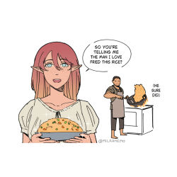  1boy 1girl :d apron barefoot black_pants blue_eyes brown_hair brown_shirt buzz_cut english_text food freckles fried_rice fried_rice_prank_(meme) grey_apron grey_shirt hair_between_eyes holding holding_plate long_hair meme milramemo nelyne_(milramemo) original pants plate pointy_ears shirt short_hair short_sleeves simple_background smile twitter_username upper_body very_short_hair white_background 
