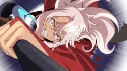 19_chisinlo 1girl battle chloe_von_einzbern chloe_von_einzbern_(archer_install) clenched_teeth dark-skinned_female dark_skin dynamic_pose fate/kaleid_liner_prisma_illya fate_(series) highres holding holding_sword holding_weapon kanshou_&amp;_bakuya_(fate) long_hair orange_eyes pink_hair solo sword teeth weapon 
