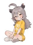  1girl animal_ears bandaid bandaid_on_face bandaid_on_nose child full_body grey_hair hair_between_eyes highres long_hair looking_at_viewer opossumachine original shirt simple_background sitting smile solo t-shirt white_background yellow_shirt 