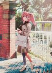  1girl asymmetrical_legwear atlanta_(kancolle) black_sweater blew_andwhite blue_eyes blue_socks coat cup disposable_cup earrings expressionless full_body grey_coat high_heels highres holding jewelry kantai_collection light_brown_hair looking_at_viewer outdoors photo_background red_socks ribbed_sweater socks solo star_(symbol) star_earrings sweater two_side_up 