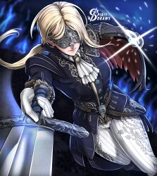  1girl absurdres artist_logo ascot blonde_hair blue_coat brooch coat covered_eyes dagger duchess_(elden_ring) eye_mask gloves highres holding_stopwatch jewelry knife logo looking_at_viewer non-circular_lens_flare pants pointing_melee_weapon ponytail sheath spiritdraws stopwatch weapon white_ascot white_gloves white_pants 