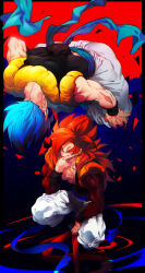  blue_eyes blue_sash closed_mouth dougi dragon_ball dragon_ball_gt dragon_ball_super dragon_ball_super_broly gogeta highres long_hair male_focus metamoran_vest monkey_boy monkey_tail multiple_boys muscular muscular_male ommmyoh pants red_fur saiyan sash smile spiky_hair super_saiyan super_saiyan_4 super_saiyan_blue tail twitter_username wristband 