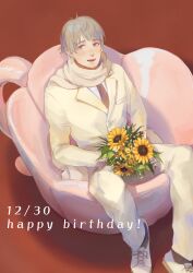  1boy absurdres artist_name axis_powers_hetalia birthday black_necktie black_socks blush bouquet buttons chinese_commentary commentary_request cup dated english_text fishdry flower grey_hair happy_birthday highres holding holding_bouquet jacket lapels leaf long_sleeves looking_at_viewer male_focus necktie open_mouth pants red_background russia_(hetalia) scarf shadow shirt short_hair simple_background sitting smile socks solo sunflower teeth violet_eyes white_jacket white_pants white_scarf white_shirt white_sneakers yellow_flower 