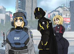  1boy 2girls absurdres armor artist_name belt black_gloves blonde_hair blue_eyes bodysuit bulletproof_vest cape cityscape distracted_boyfriend_(meme) eagle_1_(helldivers) frown game_screenshot_inset gloves helldiver_(helldivers) helldivers_(series) highres jumpsuit lonestar_(comm_open) looking_at_another meme military_uniform multiple_girls pauldrons pink_eyes pouch screenshot_background seaf_soldier_(helldivers) shoulder_armor skull smile sweat twitter_username 