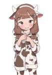  1girl animal_costume animal_ears animal_print brown_eyes brown_hair child cow_ears cow_girl cow_print fake_animal_ears highres looking_at_viewer low_twintails opossumachine original simple_background twintails white_background 