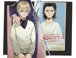  3boys aged_down black_hair black_necktie black_skirt blonde_hair blue_eyes brown_eyes child collared_shirt commentary_request final_fantasy final_fantasy_vii hand_on_another's_shoulder highres jacket jewelry long_sleeves male_focus multiple_boys necktie pants parted_lips president_shinra purple_jacket purple_pants purple_suit ribbed_jacket ring rufus_shinra shirt shou_rou skirt suit sweater tseng white_shirt 