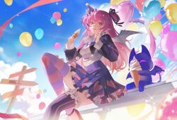  1girl :q against_fence balloon black_hair breasts camila_(vtuber) cleavage_cutout clothing_cutout collar commentary demon_girl demon_tail demon_wings direction_board facial_mark fence food food_on_face frilled_collar frilled_skirt frilled_thighhighs frills hair_ribbon hat high_heels highres holding holding_ice_cream_cone ice_cream ice_cream_cone imp index_finger_raised indie_virtual_youtuber knees_up layered_skirt long_hair long_sleeves looking_at_viewer mismatched_thighhighs multicolored_hair outdoors party_hat pink_hair pointy_ears purple_shrug purple_skirt ribbon shirt shrug_(clothing) sitting skirt sky sleeve_cuffs small_breasts solo streaked_hair striped_clothes striped_thighhighs tail thigh-highs tilted_headwear tongue tongue_out two_side_up violet_eyes virtual_youtuber white_hair white_shirt wings xiisalt 