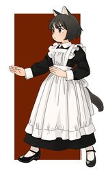  &gt;:( 1girl :&lt; akai_sashimi animal_ears apron black_dress black_footwear blunt_bangs bob_cut breasts brown_eyes brown_hair cat_ears cat_girl cat_tail collar colored_inner_animal_ears dress fighting_stance frilled_apron frills full_body highres long_dress long_sleeves looking_to_the_side maid maid_apron mary_janes original puffy_long_sleeves puffy_sleeves red_background shoes short_hair simple_background small_breasts socks standing tail v-shaped_eyebrows white_background white_collar white_socks 