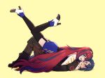  1boy 1girl alcryst_(fire_emblem) alear_(female)_(divine_attire)_(fire_emblem) alear_(female)_(fire_emblem) alear_(fire_emblem) blue_eyes blue_hair blush fire_emblem fire_emblem_engage hair_ornament hairclip heterochromia hug long_hair multicolored_hair open_mouth red_eyes redhead shiseptiana short_hair simple_background smile split-color_hair thigh-highs tiara two-tone_hair very_long_hair yellow_background 