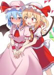  2girls bat_wings blonde_hair blue_hair blush brooch dress e.o. flandre_scarlet frilled_skirt frills hat highres jewelry mob_cap multiple_girls pink_dress puffy_short_sleeves puffy_sleeves red_eyes red_skirt red_vest remilia_scarlet short_sleeves shy skirt touhou vest white_background wings yuri 