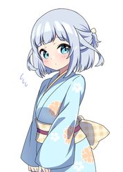  1girl absurdres aged_down blue_eyes blue_hair blue_kimono blush checkered_sash commentary expressionless flat_chest floral_print flying_sweatdrops highres idolmaster idolmaster_million_live! idolmaster_million_live!_theater_days japanese_clothes kimono light_blue_hair long_sleeves looking_at_viewer obi obijime print_kimono sash shiraishi_tsumugi short_hair sidelocks solo white_background yellow_sash zaza_(zahaoming) 