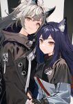  2girls absurdres animal_ear_fluff animal_ears arknights black_capelet black_gloves black_jacket blue_hair capelet closed_mouth commentary_request fingerless_gloves gloves grey_eyes grey_hair hair_intakes hair_ornament hairclip highres jacket lappland_(arknights) long_sleeves looking_at_viewer multiple_girls orange_eyes rou_bao_mao-gravity5 scar scar_across_eye single_hair_intake smile texas_(arknights) white_jacket 