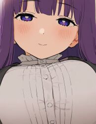  1girl ai-assisted ai-generated blush breasts close-up closed_mouth dot_nose fern_(sousou_no_frieren) large_breasts looking_at_viewer smile solo sousou_no_frieren yabumaru 