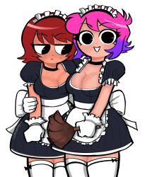  apron black_eyes brown_hair cdromarts gloves highres holding hug kim_pine maid maid_apron multicolored_hair pink_hair ramona_flowers scott_pilgrim_(series) thigh-highs white_thighhighs 