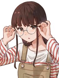  1girl absurdres adjusting_eyewear brown_eyes brown_hair brown_overalls choppy_bangs commentary_request glasses highres ito_yoshi light_blush long_hair long_sidelocks looking_at_viewer original overalls palms parted_lips red_stripes round_eyewear shirt sidelocks simple_background solo straight_hair striped_clothes striped_shirt upper_body white_background white_shirt 