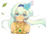  1girl bare_shoulders blue_eyes blue_flower blue_hairband blush character_request closed_mouth commentary_request facial_mark fantasy_life feathers flower gears gold_trim hair_between_eyes hair_flower hair_ornament hairband jewelry leaf long_hair looking_at_viewer low_twintails necklace philia_(fl_philia107) smile solo twintails upper_body white_background white_hair wind 