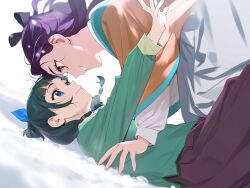  2girls ai-assisted blue_eyes chinese_clothes green_hair highres hug jewelry kusuriya_no_hitorigoto maomao_(kusuriya_no_hitorigoto) multiple_girls open_mouth purple_hair shisui_(kusuriya_no_hitorigoto) simple_background skirt smile sorawo5084 white_skirt yellow_eyes yuri 