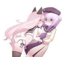  2girls absurdres animal_ears blush dress exhex_(hexieshizhe) frills hat highres hug multiple_girls pink_hair purple_hair shimakaze_(warship_girls_r) violet_eyes warship_girls_r white_background white_hair yellow_eyes yukikaze_(warship_girls_r) yuri 