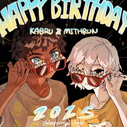  2boys adjusting_eyewear artist_name bags_under_eyes birthday_glasses black_background black_eyes black_hair blue_eyes character_name curly_hair dark-skinned_male dark_skin dated dungeon_meshi elf english_text grey_hair happy_birthday highres kabru looking_at_viewer male_focus mithrun multiple_boys pachix2_corgi pointy_ears shirt short_hair sunglasses uneven_eyes upper_body 