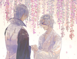  2boys closed_eyes eye_mask flower holding_hands ishida_mitsunari_(sengoku_basara) japanese_clothes jinbaori kimono male_focus multiple_boys purple_lips purple_mask sengoku_basara short_hair takenaka_hanbee_(sengoku_basara) toruglose upper_body white_hair white_kimono wisteria 