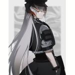  1girl arknights black_headwear black_skirt black_vest blurry blurry_background brown_eyes closed_mouth depth_of_field grey_hair grey_shirt hair_between_eyes hat horns inu_to_milk long_hair looking_at_viewer looking_back peaked_cap saria_(arknights) saria_(the_law)_(arknights) shirt short_sleeves skirt solo very_long_hair vest 