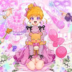  asahina_mirai mofurun_(mahou_girls_precure!) open_mouth sitting smile ton_(ton39342104) upper_t wariza 