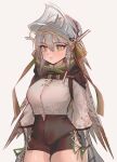  1girl :&lt; absurdres arknights black_cloak black_shorts blush breasts brown_eyes cloak closed_mouth cowboy_shot fartooth_(arknights) grey_background grey_hair highres kaguura_(kagu) long_hair looking_at_viewer medium_breasts see-through shirt short_shorts shorts simple_background solo very_long_hair visor_(armor) white_shirt 