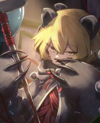  1boy absurdres animal_ears bear_claws bear_ears blonde_hair blood brown_background claws coat e.g.o_(project_moon) grey_coat hex_nail_(e.g.o) highres holding holding_nail limbus_company looking_at_viewer male_focus nail_(hardware) niioys paw_sleeves project_moon red_ribbon ribbon short_hair simple_background sinclair_(project_moon) solo stitches stuffing upper_body yellow_eyes 