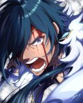  1boy blood blood_on_face blue_eyes blue_hair dark_blue_hair fur-trimmed_jacket fur_trim genshin_impact highres jacket kaeya_(genshin_impact) looking_at_another open_mouth sword teeth weapon yuka_(pixiv38407039) 