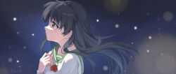  1girl black_hair brown_eyes floating_hair from_side green_sailor_collar harutatsunoki highres higurashi_kagome inuyasha long_hair long_sleeves looking_up neckerchief own_hands_together red_neckerchief sailor_collar shirt simple_background solo white_shirt 