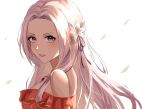  1girl bare_shoulders commentary_request desupisaro_122 edelgard_von_hresvelg fire_emblem fire_emblem:_three_houses flower hair_flower hair_ornament highres jewelry long_hair looking_at_viewer necklace open_mouth simple_background solo violet_eyes white_background white_hair 