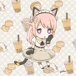  1girl animal_ears animal_hands black_gloves blush bow bread brown_bow brown_skirt bubble_tea cat_tail character_request chibi coffee commentary_request diamond-shaped_pupils diamond_(shape) expressionless fake_animal_ears fake_tail food full_body glove_bow gloves hair_bow hand_on_own_face headdress long_hair looking_at_viewer medium_bangs miyan_(shamigame) open_mouth pancake paw_gloves pink_hair ragnarok_masters ragnarok_online shirt skirt socks solo souffle_pancake symbol-shaped_pupils tail violet_eyes whipped_cream white_shirt white_socks 