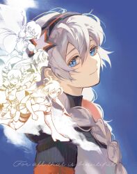  5girls blue_background blue_eyes braid bronya_zaychik bronya_zaychik_(valkyrie_chariot) closed_mouth english_commentary english_text fu_hua fu_hua_(valkyrie_accipiter) highres honkai_(series) honkai_impact_3rd jacket kiana_kaslana kiana_kaslana_(white_comet) long_hair looking_at_viewer multiple_girls murata_himeko murata_himeko_(battle_storm) myrmm_ify raiden_mei raiden_mei_(crimson_impulse) smile tareme twin_braids upper_body white_hair white_jacket 