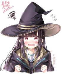  1girl alternate_hairstyle black_hair fang hat heaven_burns_red highres joshik_ank long_hair long_sleeves red_eyes shirt solo tenne_miko white_shirt witch_hat 