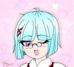  absurdres blue_hair bob_cut collared_shirt glasses hair_ribbon heart heart_background highres non-web_source one_eye_closed original pink_background ribbon shirt short_hair violet_eyes 