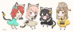  4girls :3 :d :q animal_ears animal_hands animal_on_head black_gloves black_hair black_skirt blue_bow blue_skirt blunt_bangs blush bow brown_background brown_bow brown_cat brown_eyes brown_hair brown_skirt cat cat_ears cat_on_head cat_tail character_request chibi closed_mouth commentary_request diamond-shaped_pupils diamond_(shape) expressionless fake_animal_ears fake_tail fang frilled_skirt frills full_body glasses glove_bow gloves hair_bow hand_on_own_face hands_on_own_face headdress leaning_forward long_hair looking_at_viewer looking_back low_twintails medium_bangs miyan_(shamigame) multiple_girls on_head open_mouth orange_eyes paw_gloves pink_hair puffy_short_sleeves puffy_sleeves ragnarok_masters ragnarok_online red_eyes redhead shirt short_hair short_sleeves short_twintails sidelocks simple_background skirt smile socks symbol-shaped_pupils tail tail_bow tail_ornament tongue tongue_out twintails violet_eyes white_shirt white_socks yellow_bow yellow_skirt 
