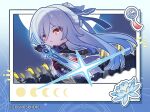  1girl army black_gloves blue_hairband blue_sleeves chibi chinese_clothes closed_mouth copyright_name full_moon gloves hair_between_eyes hairband holding holding_sword holding_weapon honkai:_star_rail honkai_(series) jingliu_(honkai:_star_rail) logo long_hair long_sleeves moon night official_art outdoors sky solo star_(sky) starry_sky sword weapon white_hair 
