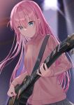  1girl absurdres blue_eyes bocchi_the_rock! breasts cube_hair_ornament gotoh_hitori guitar hair_between_eyes hair_ornament highres instrument jacket long_hair long_sleeves mochiko_(uyu_omochi) one_side_up pink_hair pink_jacket solo track_jacket 