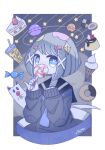  1girl black_serafuku blue_background blue_eyes blue_neckerchief blush border cake candy cathead checkerboard_cookie chocolate_doughnut clouds collarbone commentary cookie covering_mouth diamond_hair_ornament doughnut drinking_straw food ghost grey_hair hair_ornament hairclip highres holding holding_candy holding_food holding_lollipop ice_cream ice_cream_cone juice lollipop long_sleeves looking_at_viewer neckerchief night night_sky no_nose nose_blush omochi_noa original pinky_out pudding red_nails sailor_collar school_uniform serafuku shooting_star short_hair signature sky sleeves_past_wrists solid_oval_eyes solo star_(sky) strawberry_shortcake sweets swirl_lollipop thumbprint_cookie uniform white_border wrapped_candy 