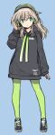  1girl full_body green_eyes green_pantyhose hand_on_headphones headphones hood hoodie light_brown_hair light_smile long_hair long_sleeves luminous_witches pantyhose shimada_fumikane shoes simple_background sneakers solo virginia_robertson world_witches_series 