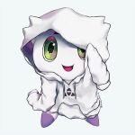 culumon digimon digimon_(creature) full_body green_eyes hood hoodie kira_(kira_dra) looking_at_viewer no_humans open_mouth simple_background smile solo white_background white_hoodie 