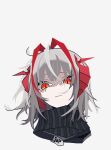  1girl antennae arknights black_scarf closed_mouth horns looking_at_viewer medium_hair portrait red_eyes scarf simple_background solo w_(arknights) white_background white_hair xity 