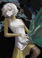  1boy bags_under_eyes black_background black_eyes boots cape dungeon_meshi elf gorget green_cape grey_hair highres holding holding_unworn_cape holding_unworn_clothes lazy_eye long_sleeves looking_to_the_side male_focus mithrun notched_ear pointy_ears postal_mark_(tsu_qq) shirt short_hair solo thigh_boots tunic uneven_eyes unworn_cape wavy_hair 
