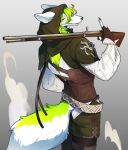  1boy animal_ears animal_nose belt blue_eyes brown_gloves brown_shorts commentary_request fingerless_gloves furry furry_male furrysum gloves green_hair grey_background gun highres holding holding_gun holding_weapon hood hood_up korean_commentary long_hair long_sleeves looking_at_viewer male_focus open_mouth original rifle shorts simple_background smile snout solo standing tail weapon white_fur 