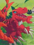  blue_eyes botamon claws creature digimon digimon_(creature) dinosaur grass kira_(kira_dra) leaf no_humans open_mouth red_scales sharp_teeth teeth tyranomon yuramon 