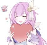  1girl ^_^ bare_shoulders chibi chibi_inset closed_eyes closed_mouth commentary_request detached_sleeves elysia_(honkai_impact) gloves heart highres honkai_(series) honkai_impact_3rd honkai_impact_3rd_sticker_redraw_(meme) long_hair meme open_mouth pink_hair simple_background solo tdatnst upper_body white_background white_gloves white_headwear 