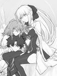  1boy 2girls black_thighhighs bow braid chaldea_uniform fate/grand_order fate_(series) fujimaru_ritsuka_(female) fujimaru_ritsuka_(male) hair_between_eyes hair_bow headpat highres light_blush long_hair looking_at_another medium_hair monochrome morgan_le_fay_(fate) multiple_girls parted_bangs ponytail short_hair side_braids sidelocks sitting swept_bangs thigh-highs wide_sleeves yukihara_sbgd 