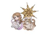  1boy 1girl :&lt; animal bare_shoulders brother_and_sister brown_hair chibi company_captain_yorshka dark_souls_(series) dark_souls_i dark_sun_gwyndolin dragon_girl dragon_tail dress gold_headwear grey_dress grey_eyes grey_hair highres long_hair long_sleeves otoko_no_ko pointy_ears scales short_hair siblings simple_background snake spiked_helmet tail teeth zunkome 